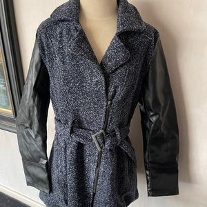 NWT Anthropologie Yoki blue black wool faux leather Pea coat jacket
